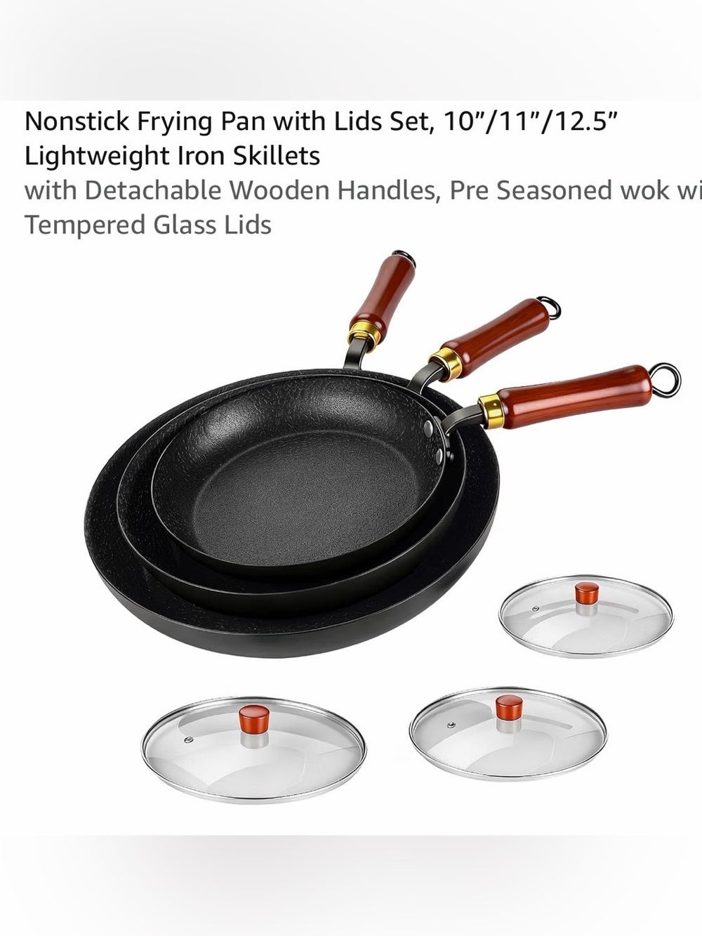Nonstick Black Skillet Set with Brown Wooden Handles & Glass Lids - 3pc